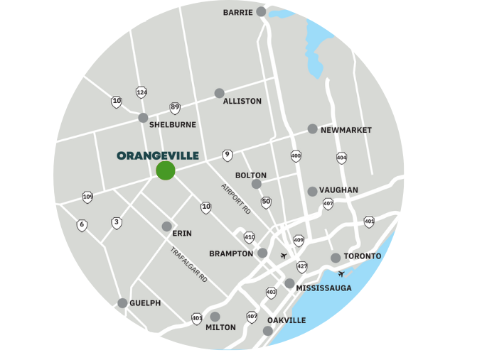 Map showing roads, towns, and cities surrounding Orangeville.